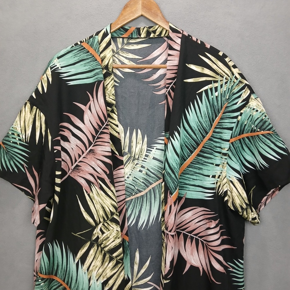 Shein Curvy Kimono Top Womens 2XL Black Botanical Short Sleeve Open Front Boho - Picture 3 of 8